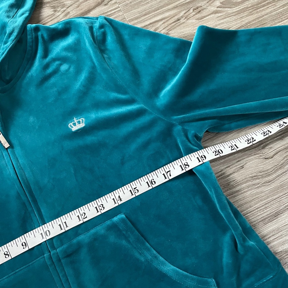 Juicy Couture Teal Velour Zip Up Hoodie Silver Crown Graphic XL - Picture 7 of 7